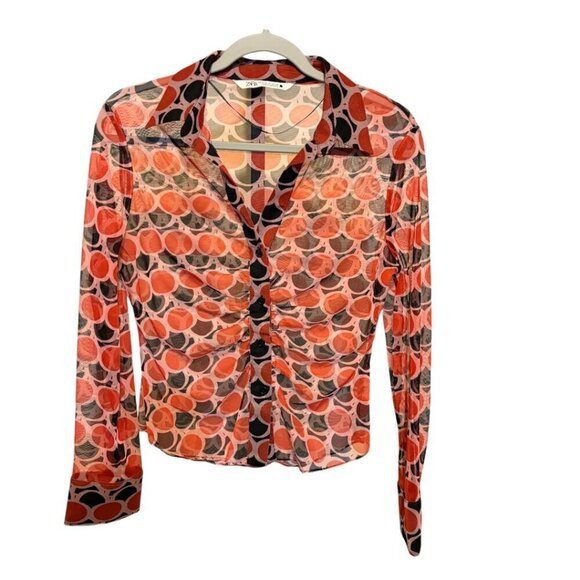 Zara Sheer Ruched Button Front Blouse Red Black Polka Dot - Picture 2 of 6